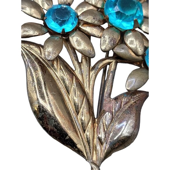 Unsigned Early Miriam Haskell Flower Brooch Floral Bunch Blue Rhinestones - Picture 11 of 13